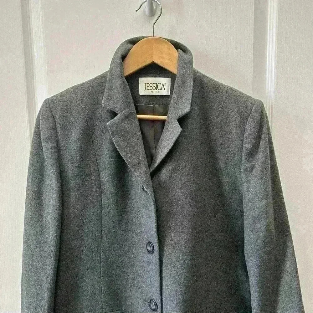 Vintage Wool Blend Pea Coat Single Breasted Neutral Classic Grey Size 10 Petite - Picture 7 of 16